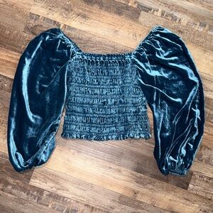 Anthropology teal Velvet Smocked Puff-Sleeve Crop Top - Teal